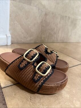 Woven Brown Slide Sandals with Gold Buckles
